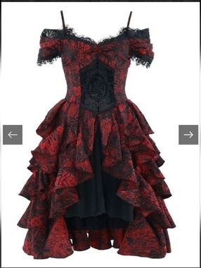 Romantic Goth Dress Cascading Ruffle Trim Wine Red and Black Vampire Dress